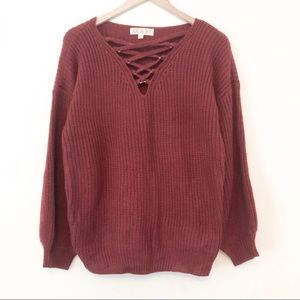 PINK Rose Burgundy Lace-Up Sweater